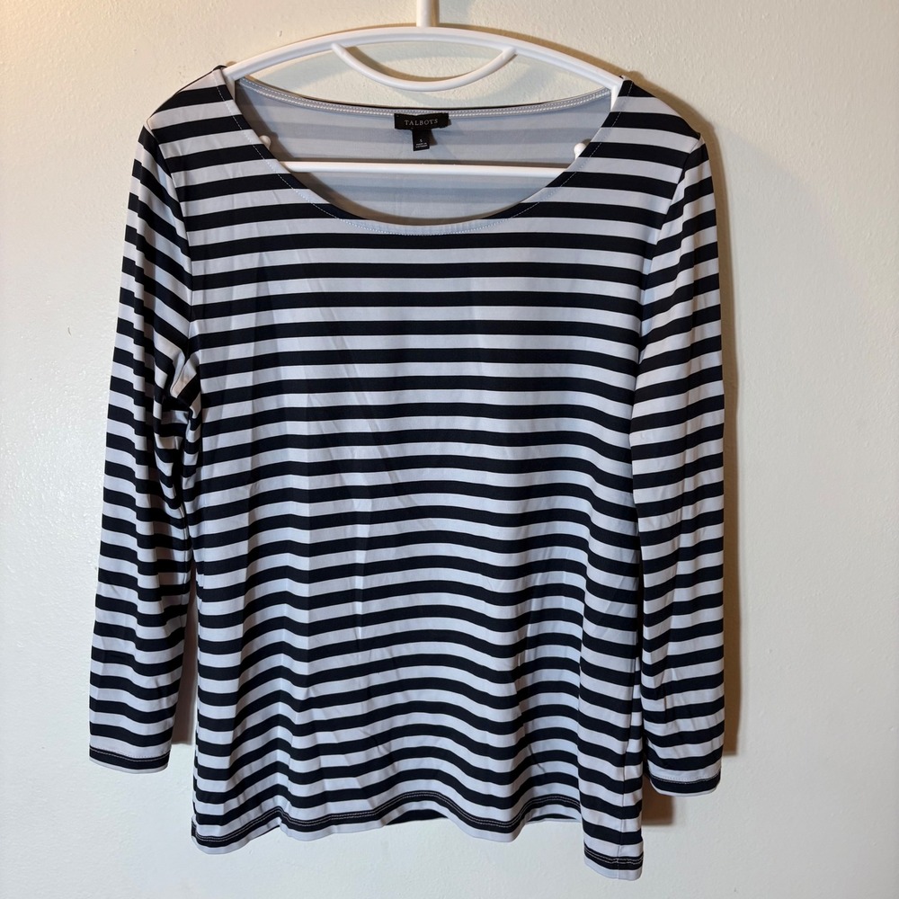 Talbots Striped Boat‎ Neck Top Womens Small Navy White 3/4 Sleeve Button Cuff